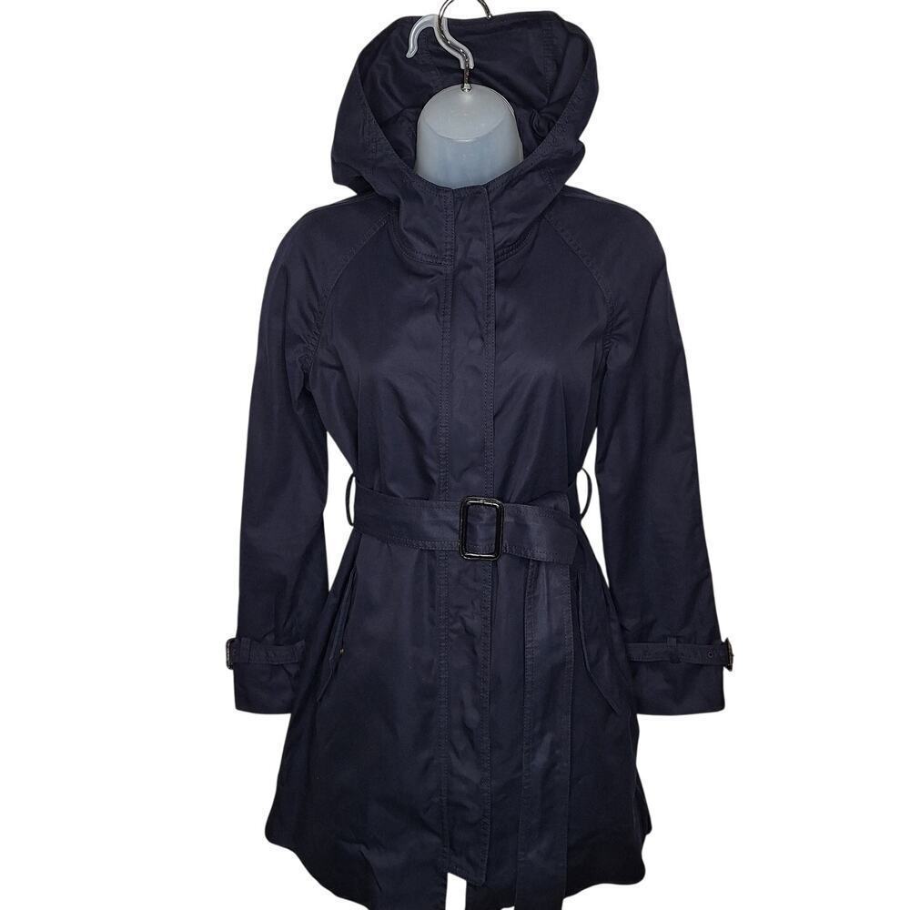 J Crew Women Trench Coat Navy Canvas Military Field Jacket 0 Belt Hooded Cotton